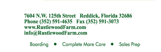 7604 N.W. 125th Street   Reddick, Florida 32686
Phone (352) 591-4635   Fax (352) 591-3073 www.RustlewoodFarm.com
